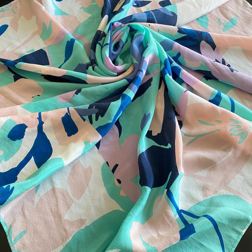 Pastel Color Palette Silky Square Scarf Floral Patterned 38"